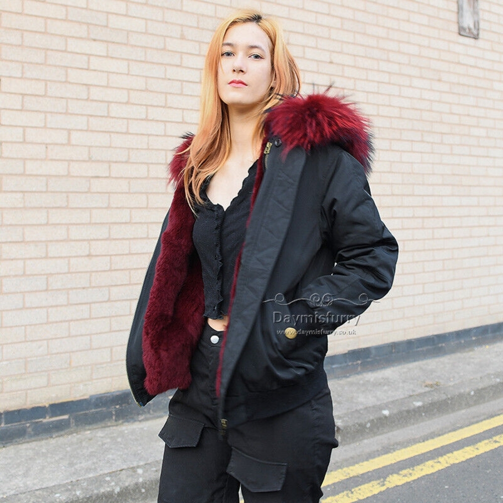 Women's Down Filled Black and Red Fur-Lined Jacket